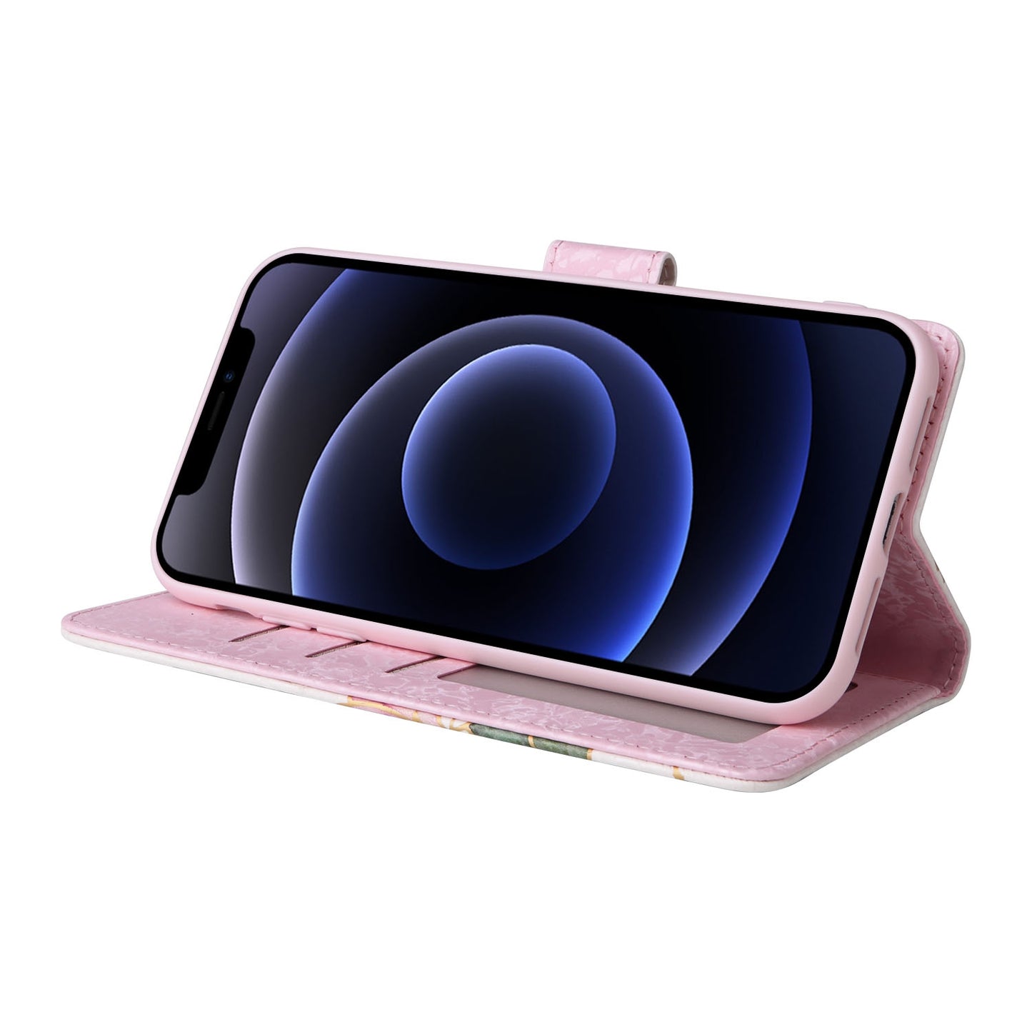 iPhone 12 mini Luxury Bronzing Leather Case - Floral RFID Wallet Cover with Stand & Card Slots