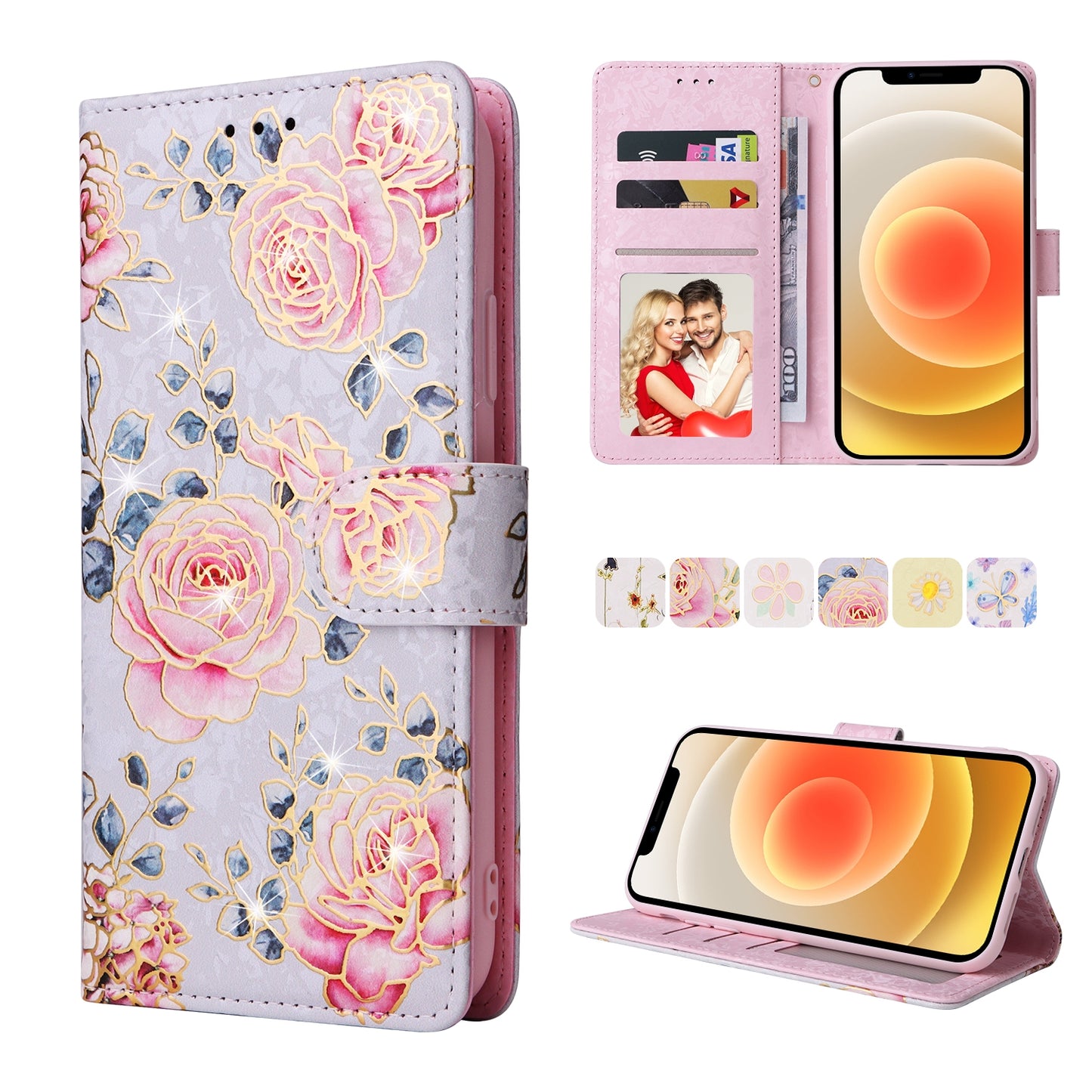 iPhone 12/12 Pro Luxury Bronzing Leather Case - Floral RFID Wallet Cover with Stand & Card Slots