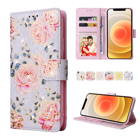 iPhone 12/12 Pro Luxury Bronzing Leather Case - Floral RFID Wallet Cover with Stand & Card Slots