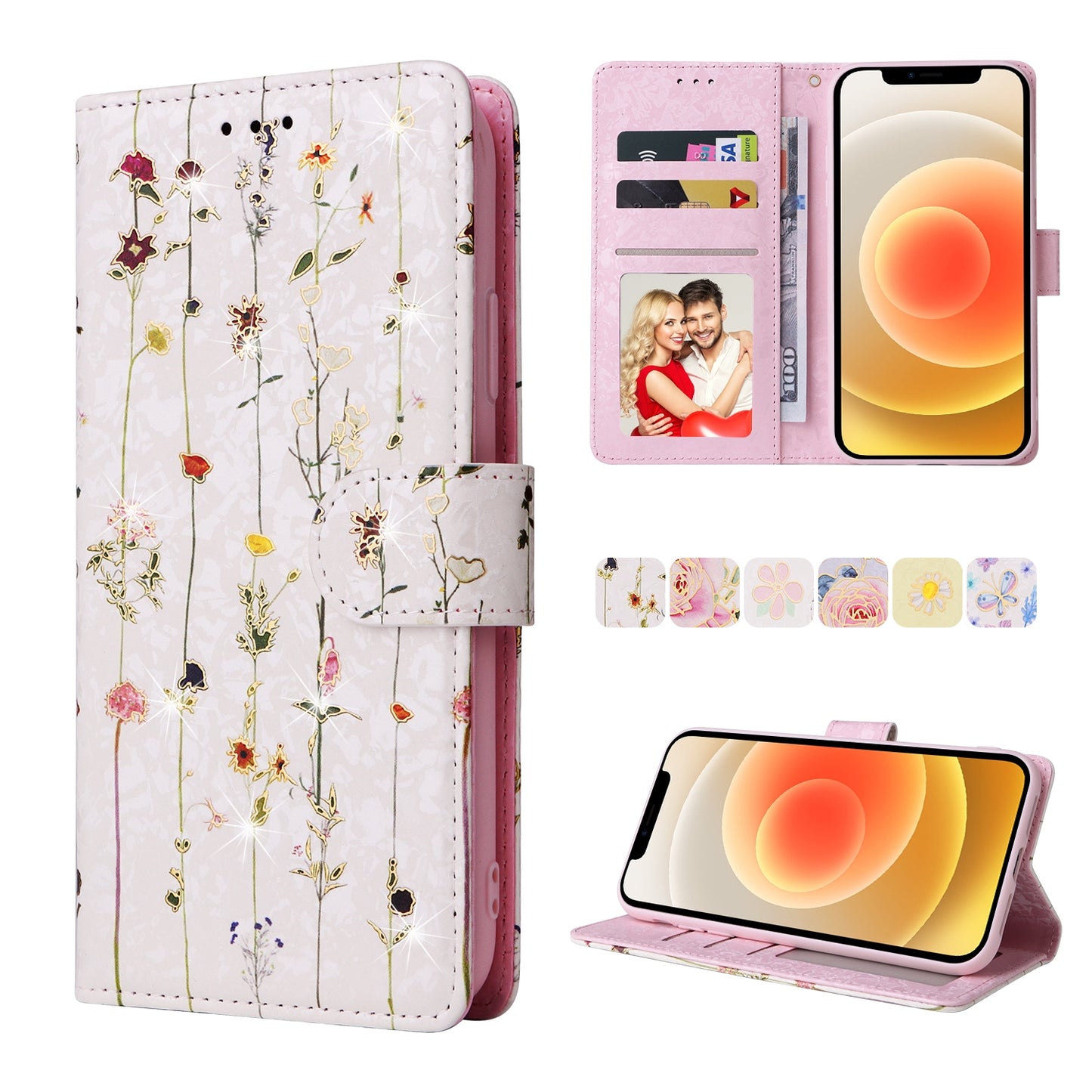 iPhone 12/12 Pro Luxury Bronzing Leather Case - Floral RFID Wallet Cover with Stand & Card Slots
