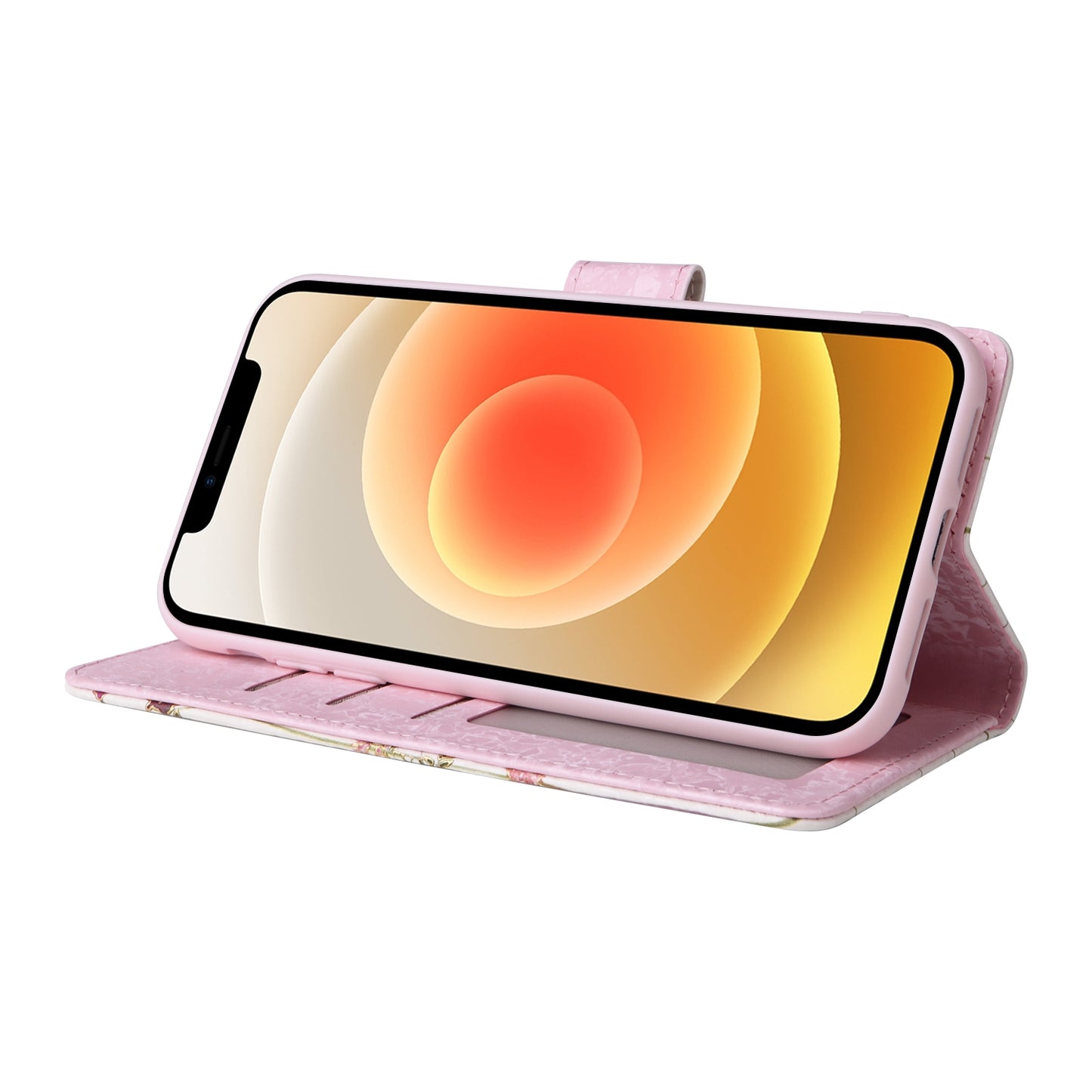 iPhone 12/12 Pro Luxury Bronzing Leather Case - Floral RFID Wallet Cover with Stand & Card Slots