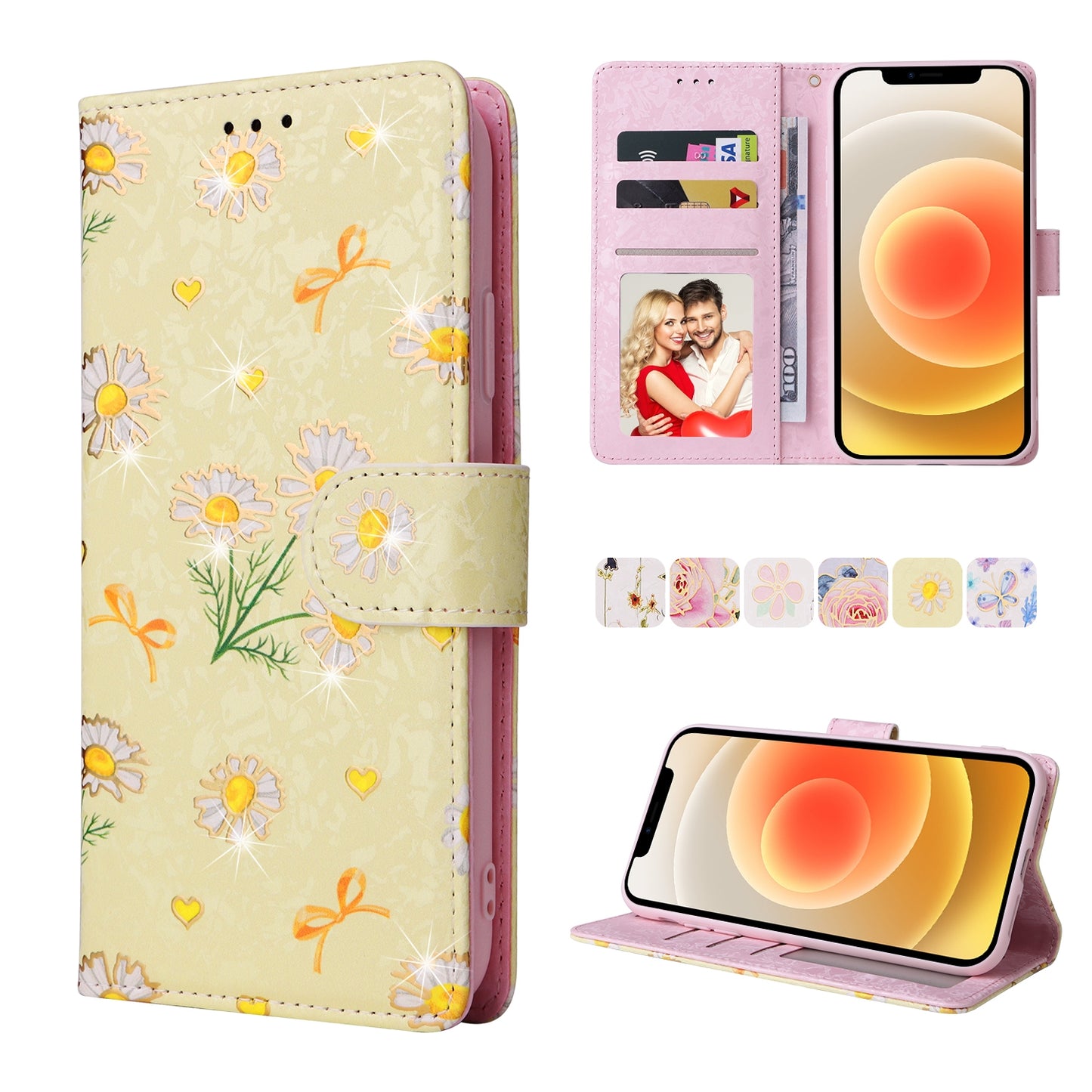 iPhone 12/12 Pro Luxury Bronzing Leather Case - Floral RFID Wallet Cover with Stand & Card Slots
