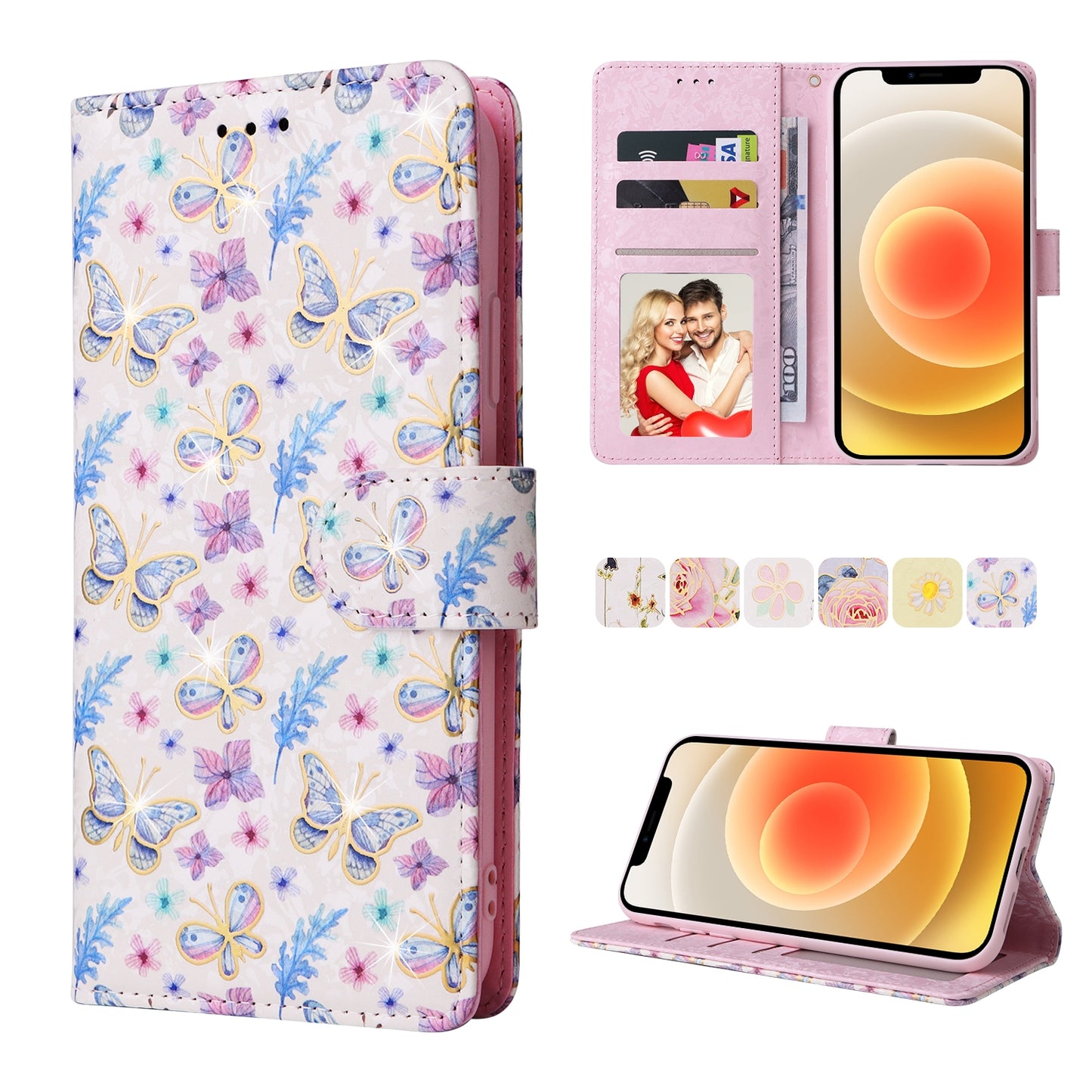 iPhone 12/12 Pro Luxury Bronzing Leather Case - Floral RFID Wallet Cover with Stand & Card Slots