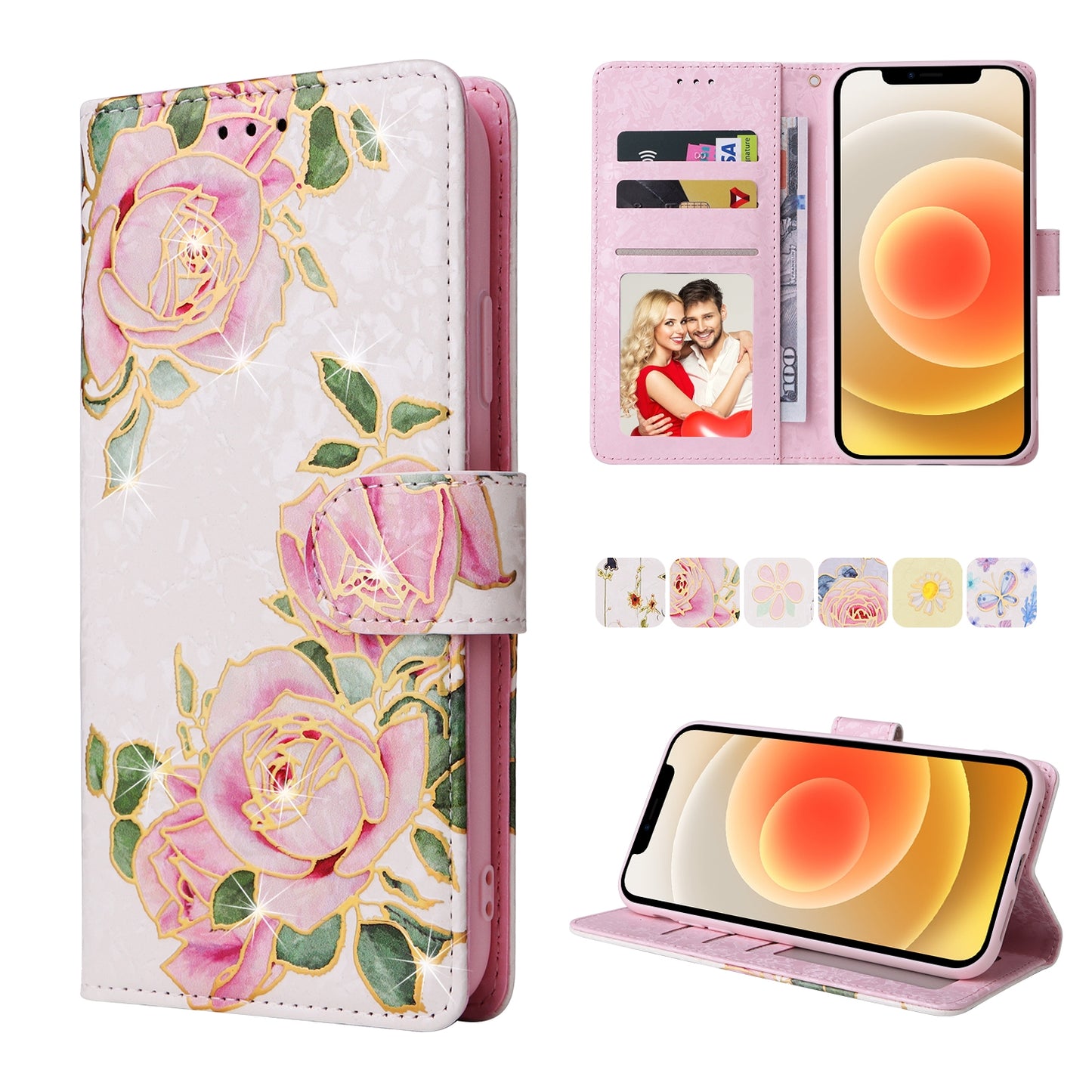 iPhone 12/12 Pro Luxury Bronzing Leather Case - Floral RFID Wallet Cover with Stand & Card Slots
