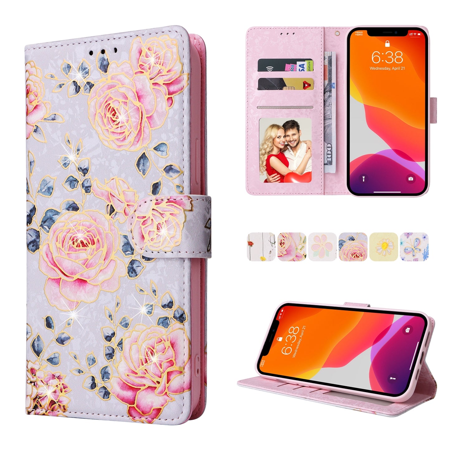 iPhone 12 Pro Max Luxury Bronzing Leather Case - Floral RFID Wallet Cover with Stand & Card Slots