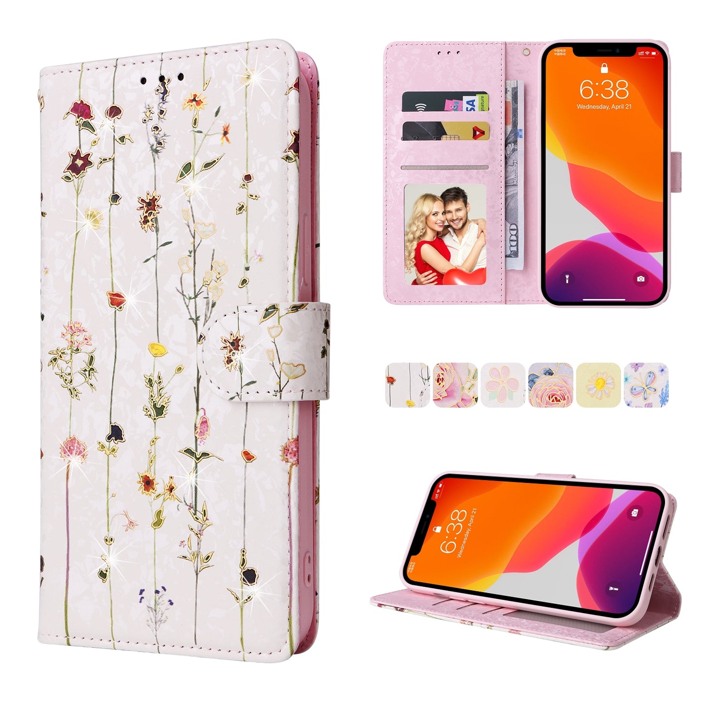 iPhone 12 Pro Max Luxury Bronzing Leather Case - Floral RFID Wallet Cover with Stand & Card Slots