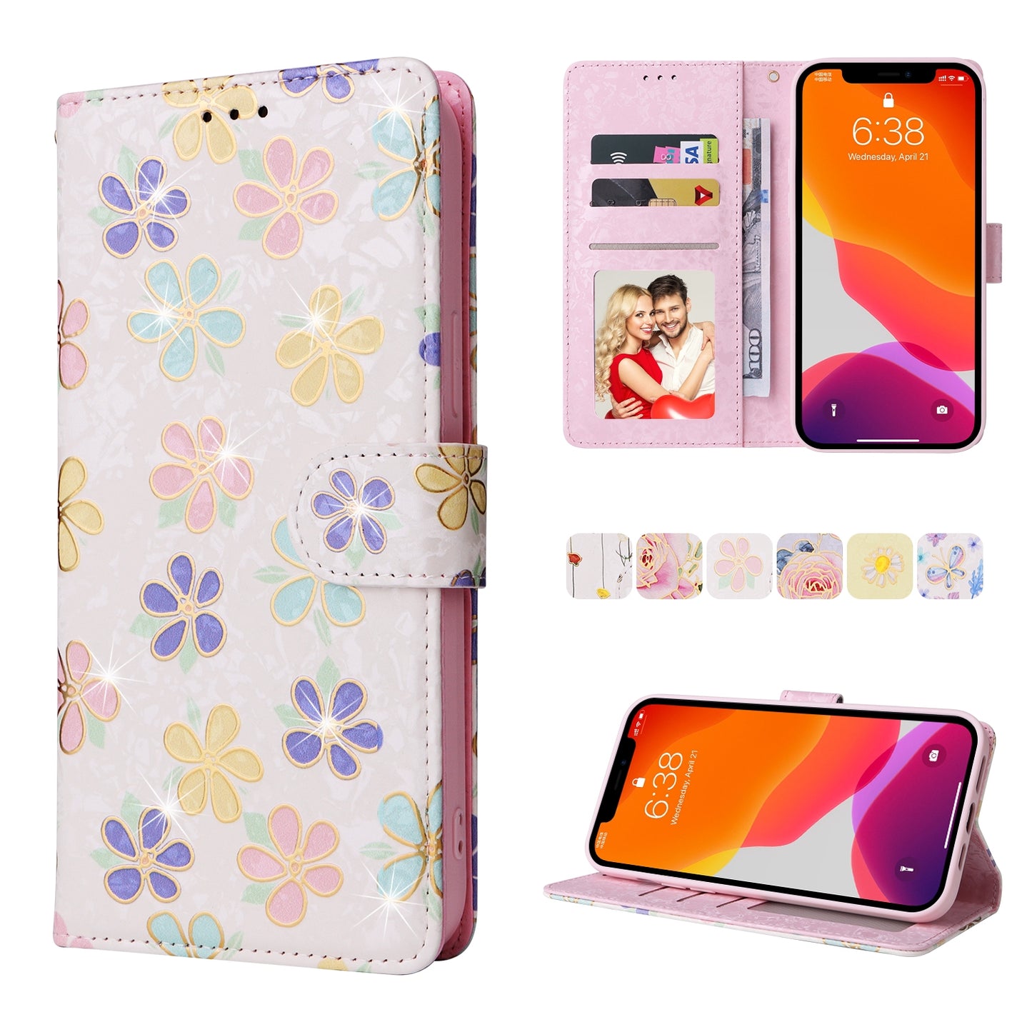iPhone 12 Pro Max Luxury Bronzing Leather Case - Floral RFID Wallet Cover with Stand & Card Slots