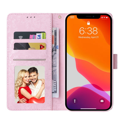 iPhone 12 Pro Max Luxury Bronzing Leather Case - Floral RFID Wallet Cover with Stand & Card Slots