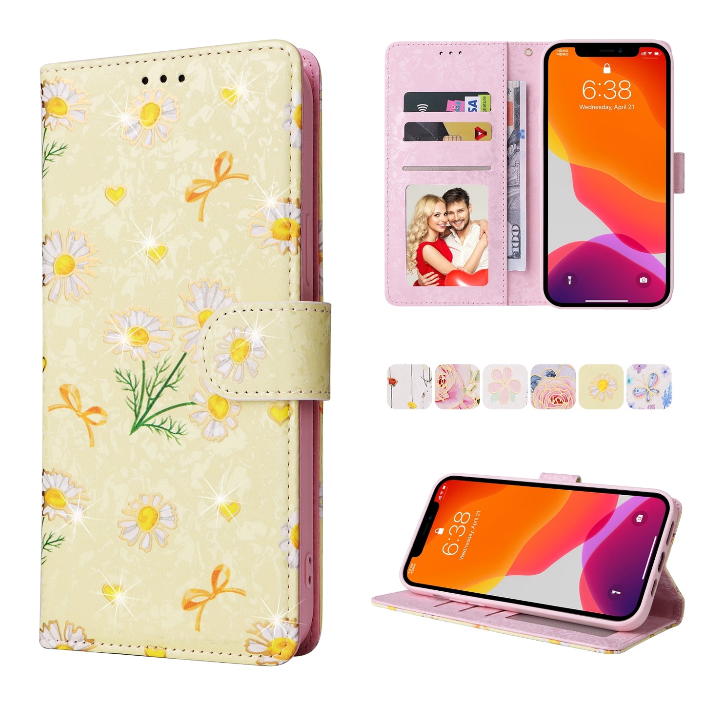 iPhone 12 Pro Max Luxury Bronzing Leather Case - Floral RFID Wallet Cover with Stand & Card Slots