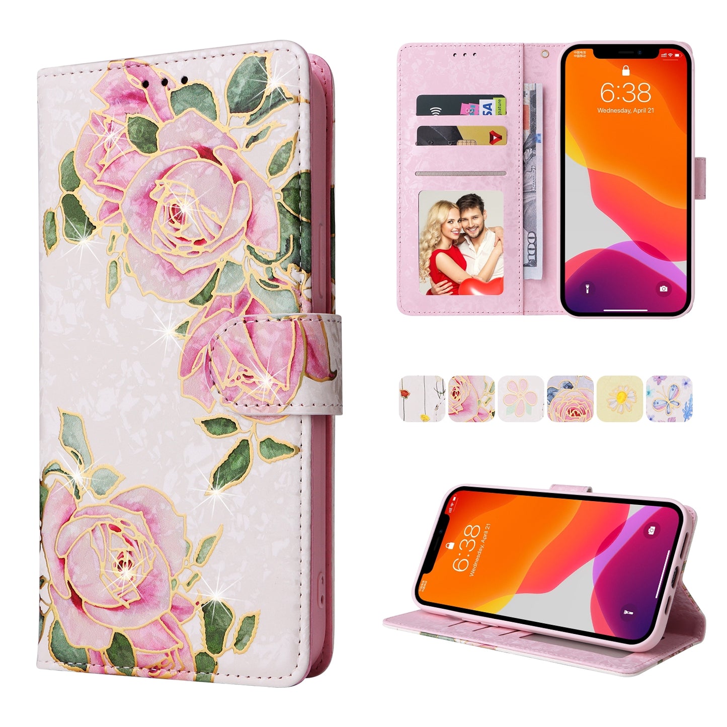 iPhone 12 Pro Max Luxury Bronzing Leather Case - Floral RFID Wallet Cover with Stand & Card Slots