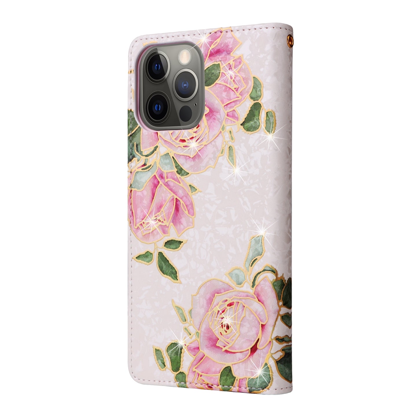 iPhone 12 Pro Max Luxury Bronzing Leather Case - Floral RFID Wallet Cover with Stand & Card Slots