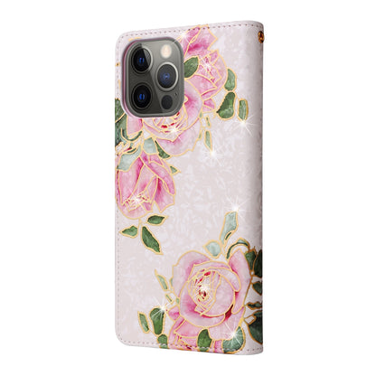 iPhone 12 Pro Max Luxury Bronzing Leather Case - Floral RFID Wallet Cover with Stand & Card Slots