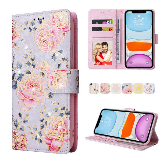 iPhone 11 Luxury Bronzing Leather Case - Floral RFID Wallet Cover with Stand & Card Slots