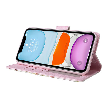 iPhone 11 Luxury Bronzing Leather Case - Floral RFID Wallet Cover with Stand & Card Slots