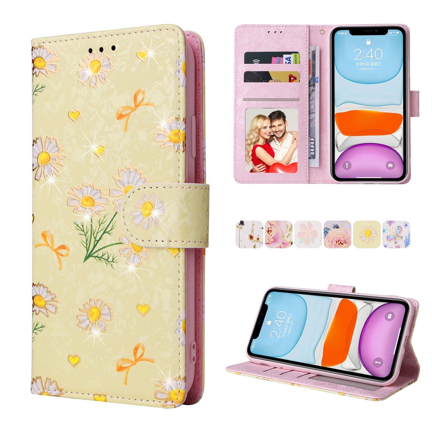iPhone 11 Luxury Bronzing Leather Case - Floral RFID Wallet Cover with Stand & Card Slots
