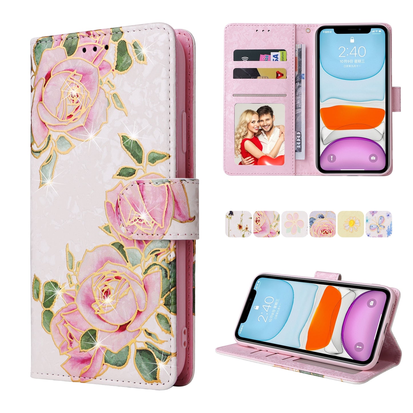 iPhone 11 Luxury Bronzing Leather Case - Floral RFID Wallet Cover with Stand & Card Slots