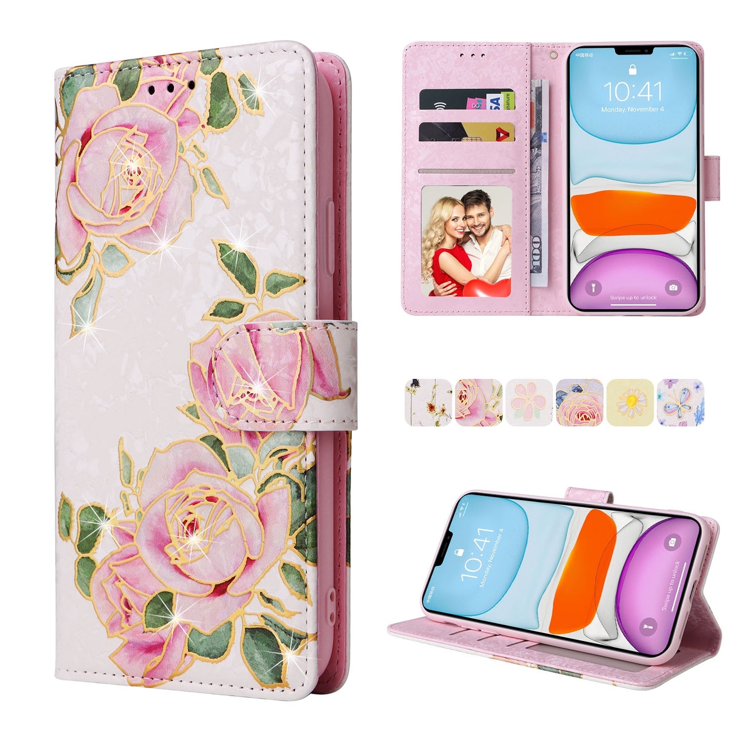 iPhone 11 Pro Luxury Bronzing Leather Case - Floral RFID Wallet Cover with Stand & Card Slots
