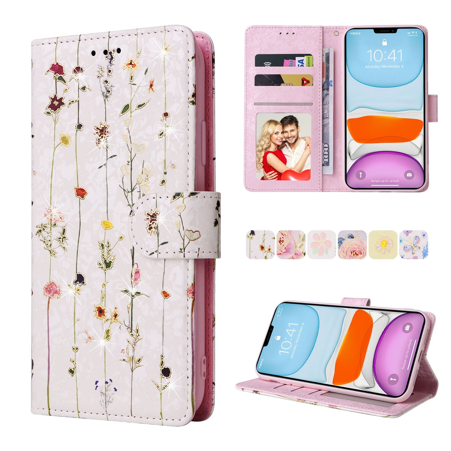iPhone 11 Pro Luxury Bronzing Leather Case - Floral RFID Wallet Cover with Stand & Card Slots