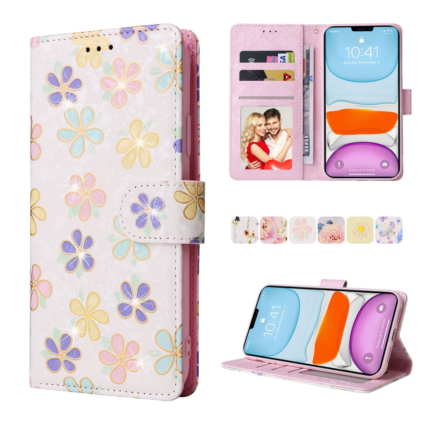 iPhone 11 Pro Luxury Bronzing Leather Case - Floral RFID Wallet Cover with Stand & Card Slots