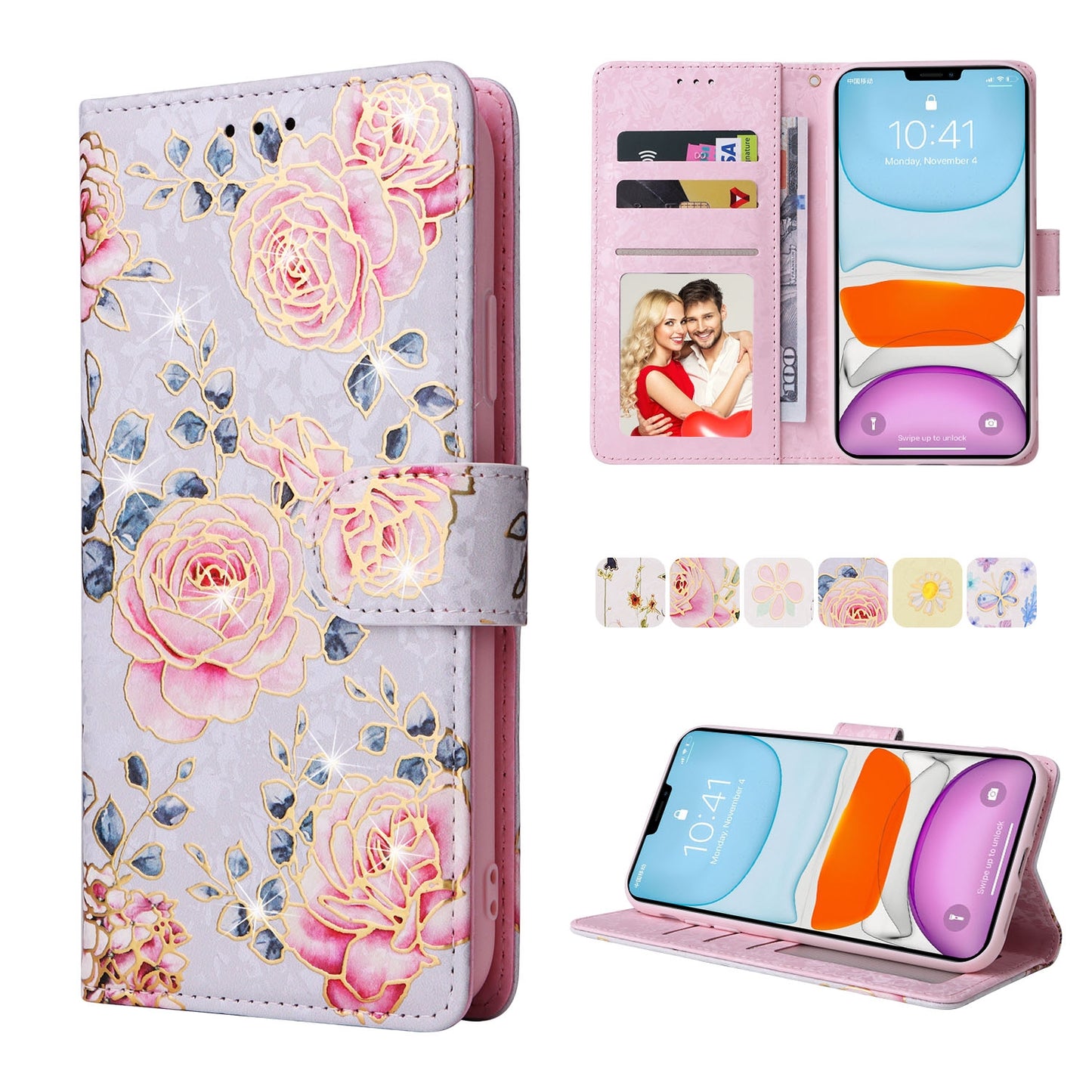 iPhone 11 Pro Luxury Bronzing Leather Case - Floral RFID Wallet Cover with Stand & Card Slots