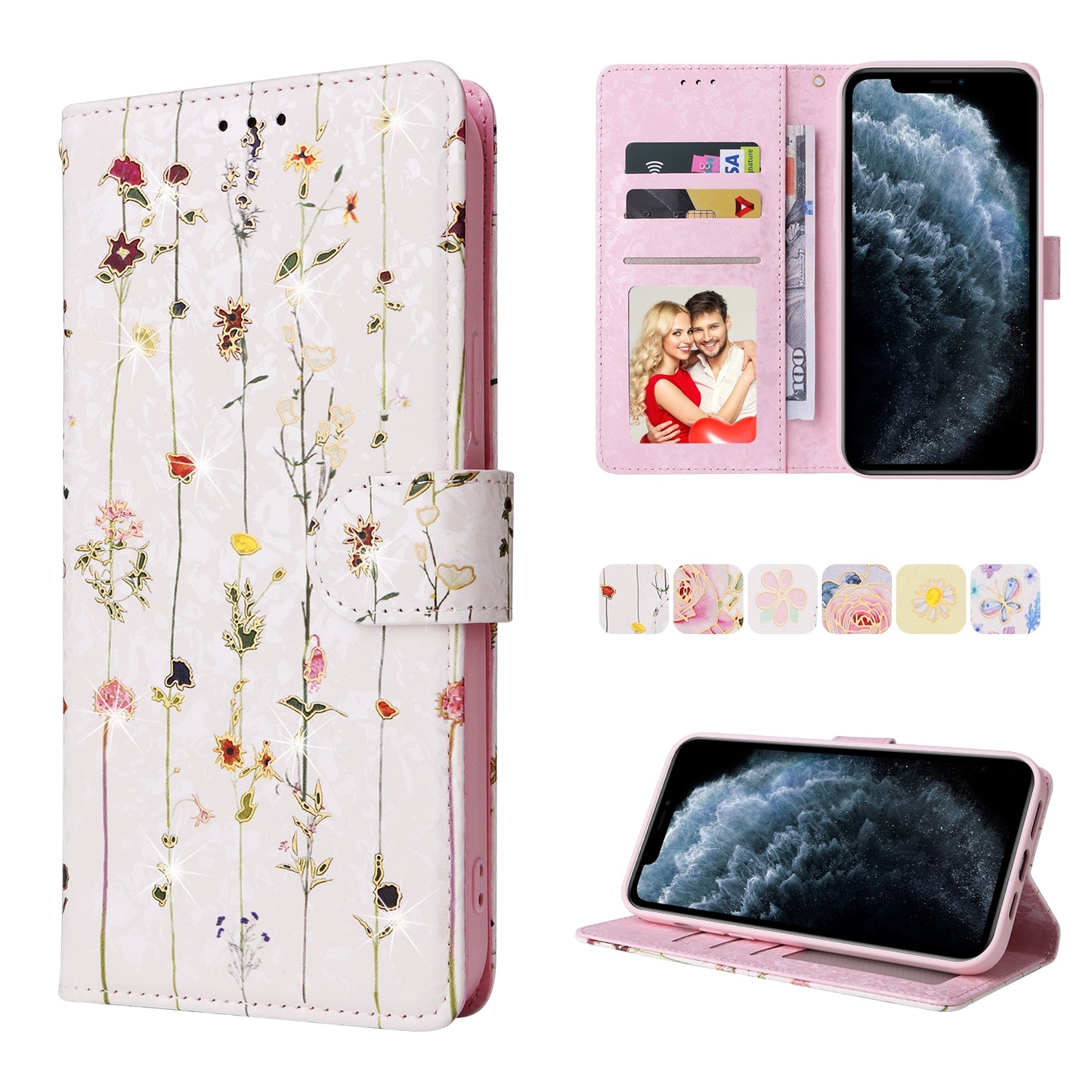 iPhone 11 Pro Max Luxury Bronzing Leather Case - Floral RFID Wallet Cover with Stand & Card Slots