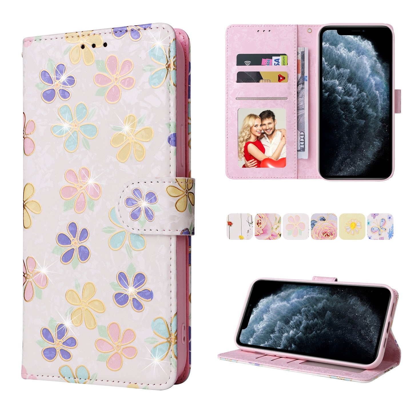 iPhone 11 Pro Max Luxury Bronzing Leather Case - Floral RFID Wallet Cover with Stand & Card Slots