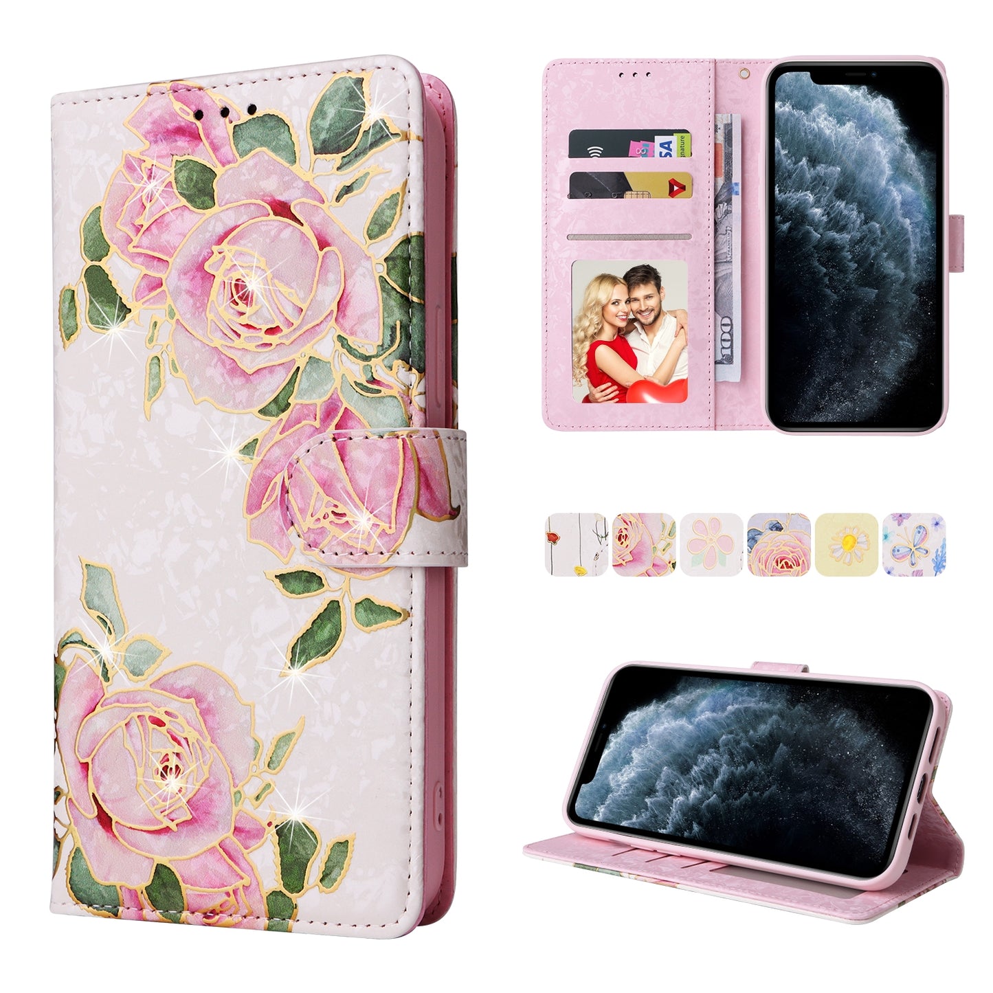 iPhone 11 Pro Max Luxury Bronzing Leather Case - Floral RFID Wallet Cover with Stand & Card Slots
