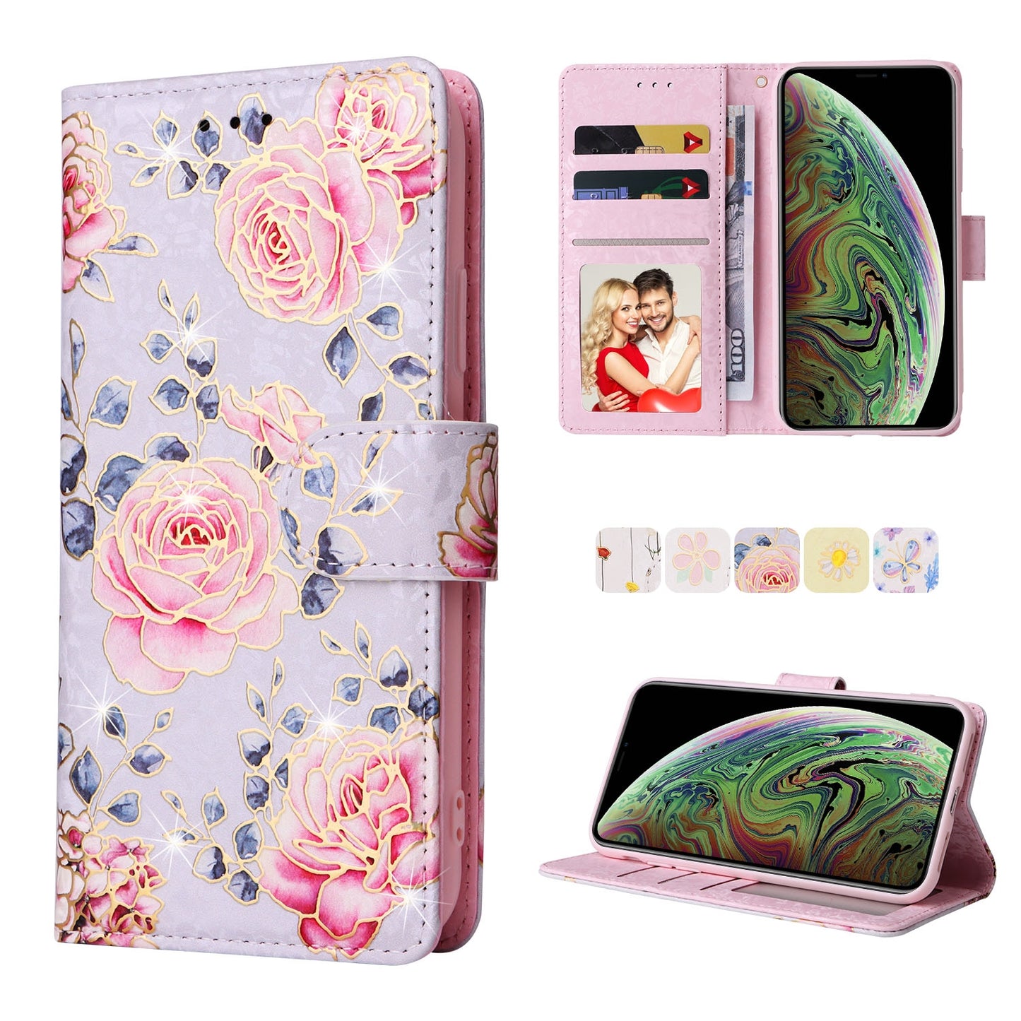 iPhone XS Max Luxury Bronzing Leather Case - Floral RFID Wallet Cover with Stand & Card Slots