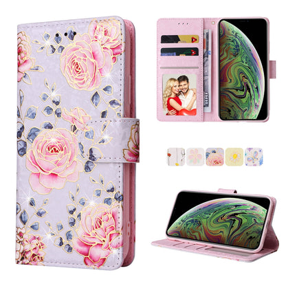 iPhone XS Max Luxury Bronzing Leather Case - Floral RFID Wallet Cover with Stand & Card Slots