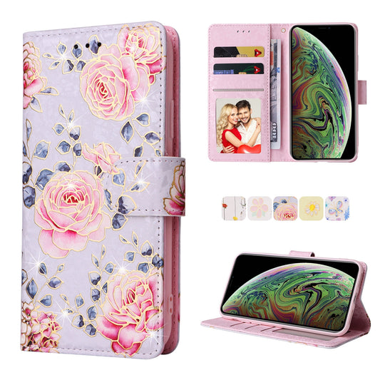 iPhone XS Max Luxury Bronzing Leather Case - Floral RFID Wallet Cover with Stand & Card Slots