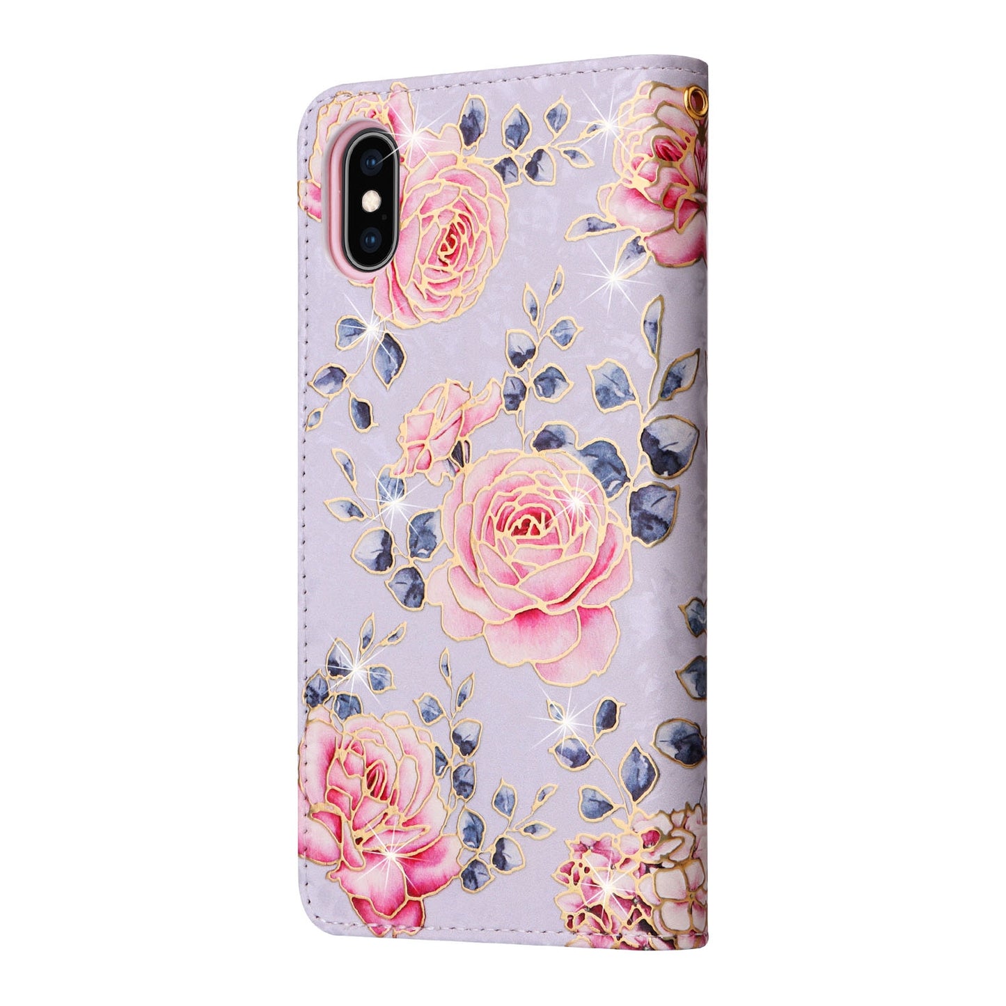 iPhone XS Max Luxury Bronzing Leather Case - Floral RFID Wallet Cover with Stand & Card Slots