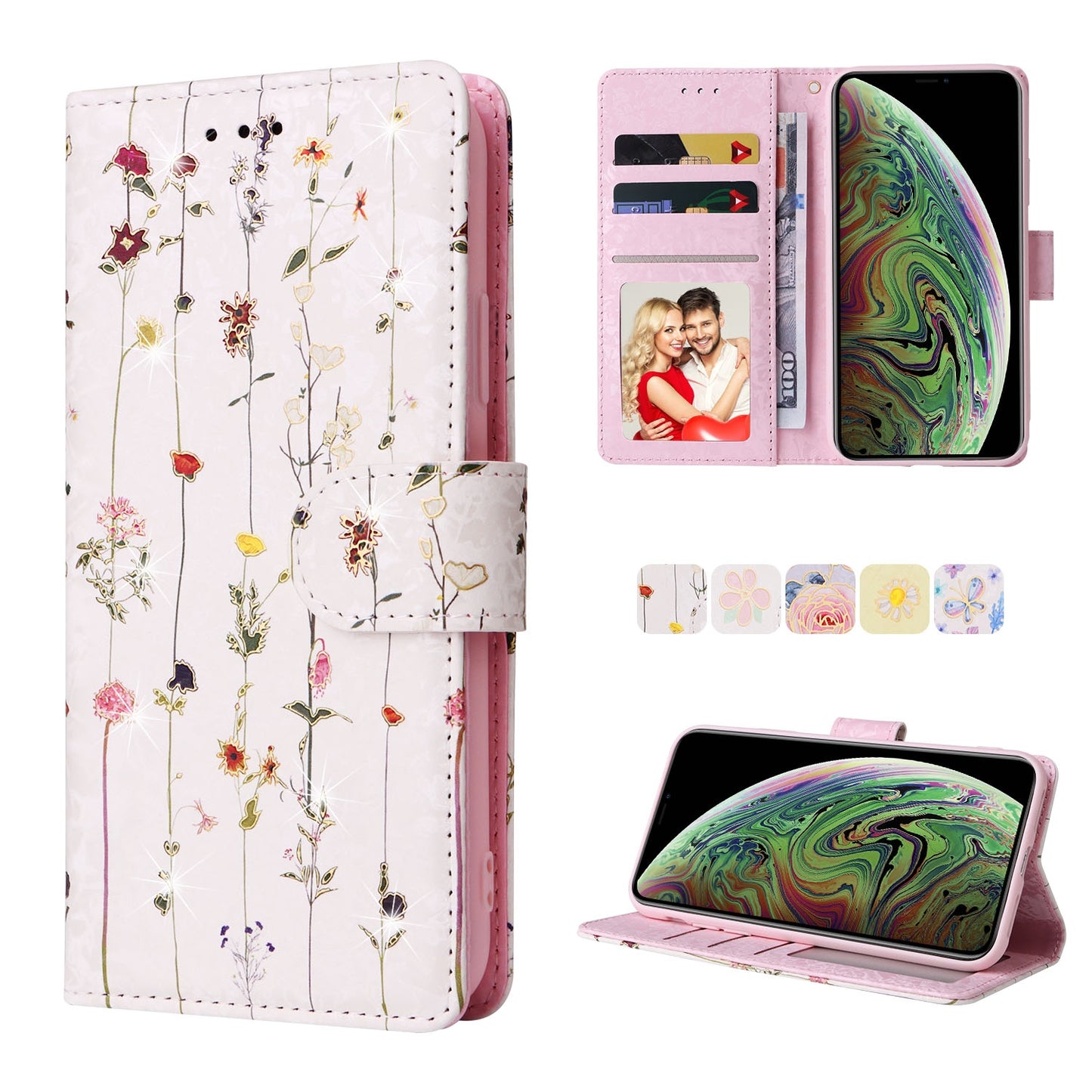 iPhone XS Max Luxury Bronzing Leather Case - Floral RFID Wallet Cover with Stand & Card Slots