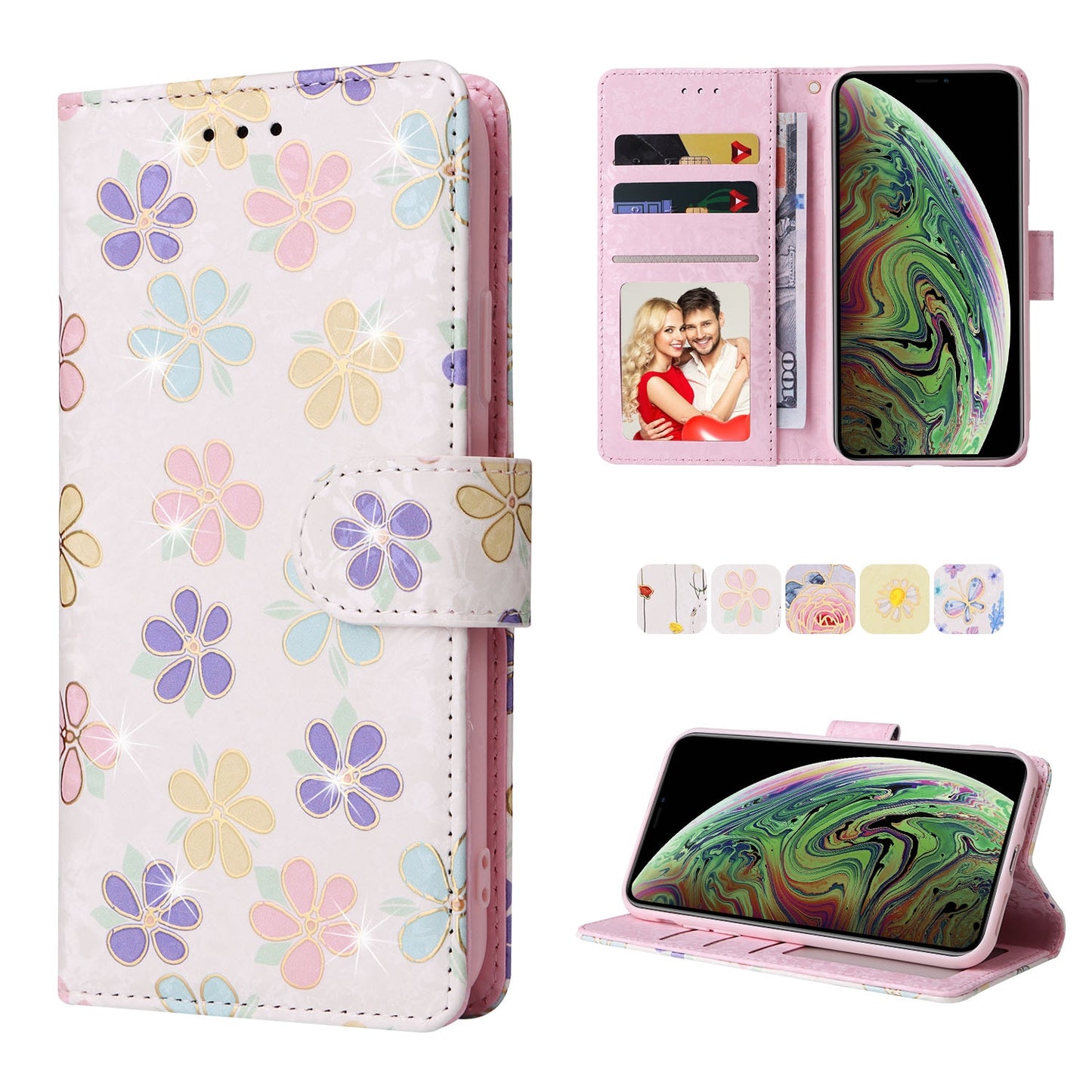 iPhone XS Max Luxury Bronzing Leather Case - Floral RFID Wallet Cover with Stand & Card Slots