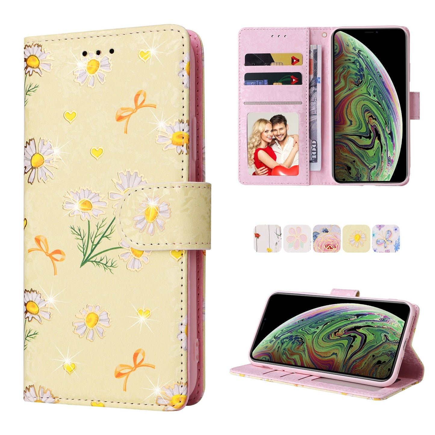 iPhone XS Max Luxury Bronzing Leather Case - Floral RFID Wallet Cover with Stand & Card Slots