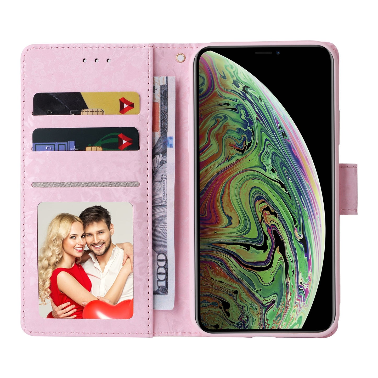 iPhone XS Max Luxury Bronzing Leather Case - Floral RFID Wallet Cover with Stand & Card Slots
