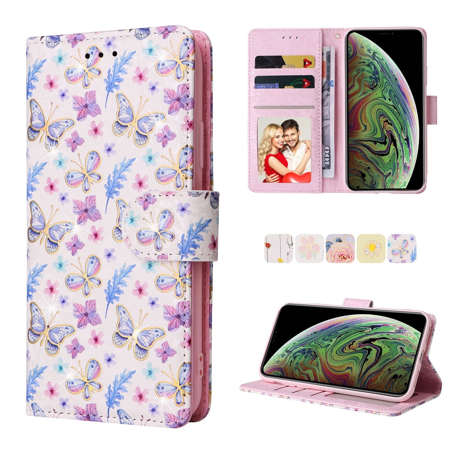 iPhone XS Max Luxury Bronzing Leather Case - Floral RFID Wallet Cover with Stand & Card Slots