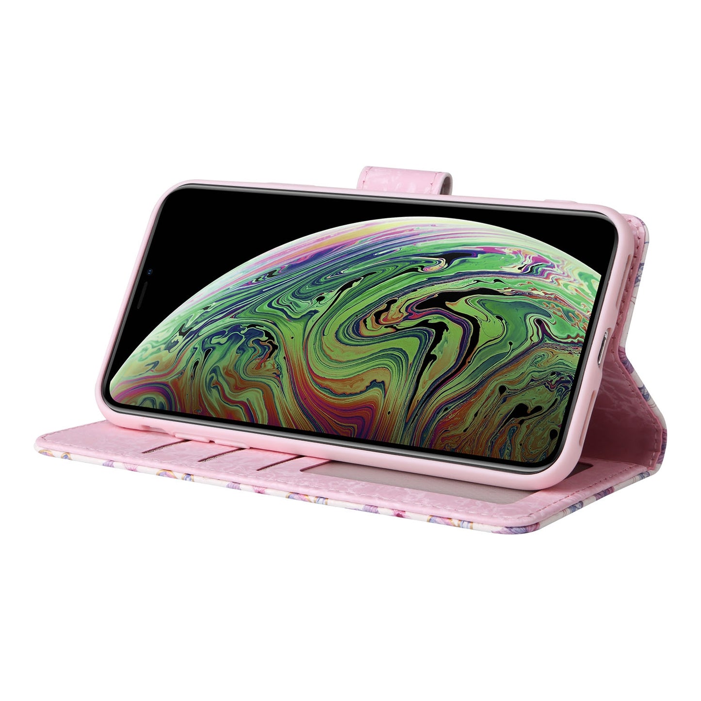 iPhone XS Max Luxury Bronzing Leather Case - Floral RFID Wallet Cover with Stand & Card Slots