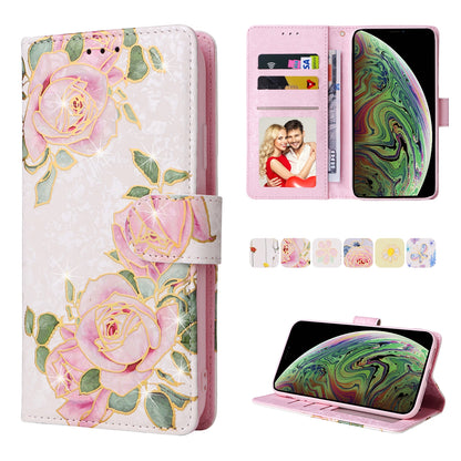 iPhone XS Max Luxury Bronzing Leather Case - Floral RFID Wallet Cover with Stand & Card Slots