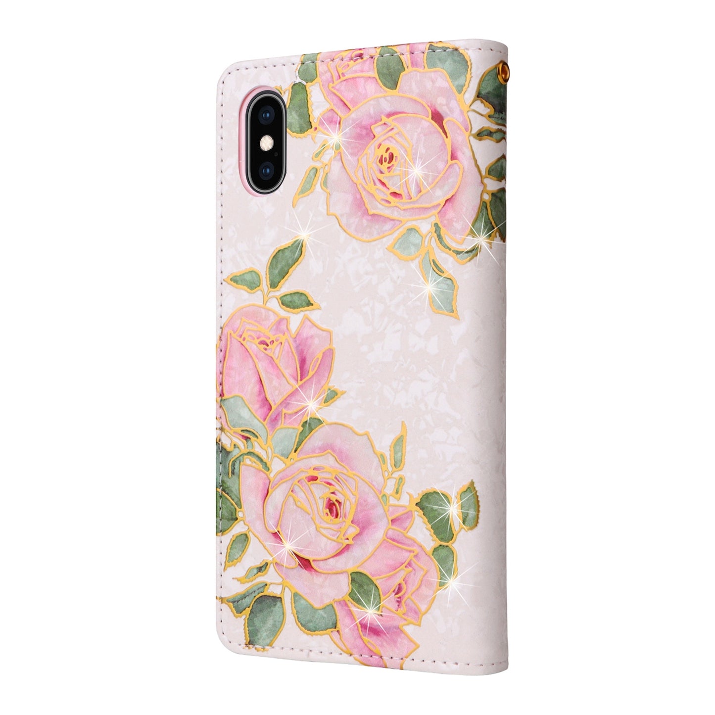 iPhone XS Max Luxury Bronzing Leather Case - Floral RFID Wallet Cover with Stand & Card Slots