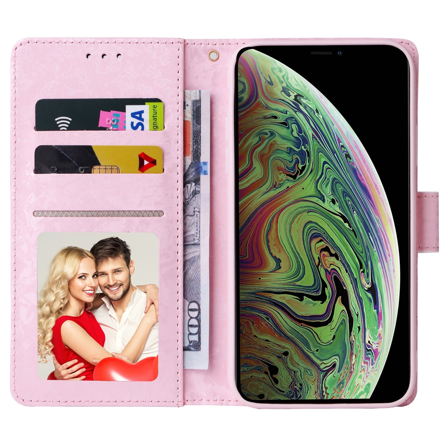 iPhone XS Max Luxury Bronzing Leather Case - Floral RFID Wallet Cover with Stand & Card Slots