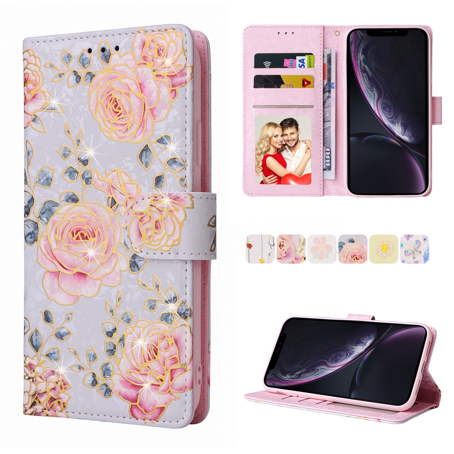 iPhone XR Luxury Bronzing Leather Case - Floral RFID Wallet Cover with Stand & Card Slots