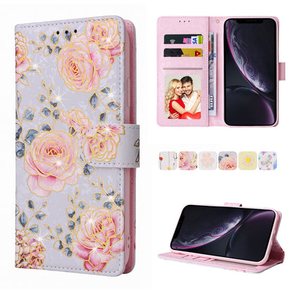 iPhone XR Luxury Bronzing Leather Case - Floral RFID Wallet Cover with Stand & Card Slots