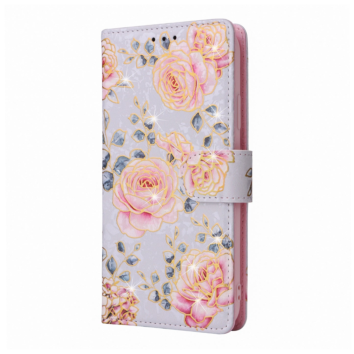 iPhone XR Luxury Bronzing Leather Case - Floral RFID Wallet Cover with Stand & Card Slots