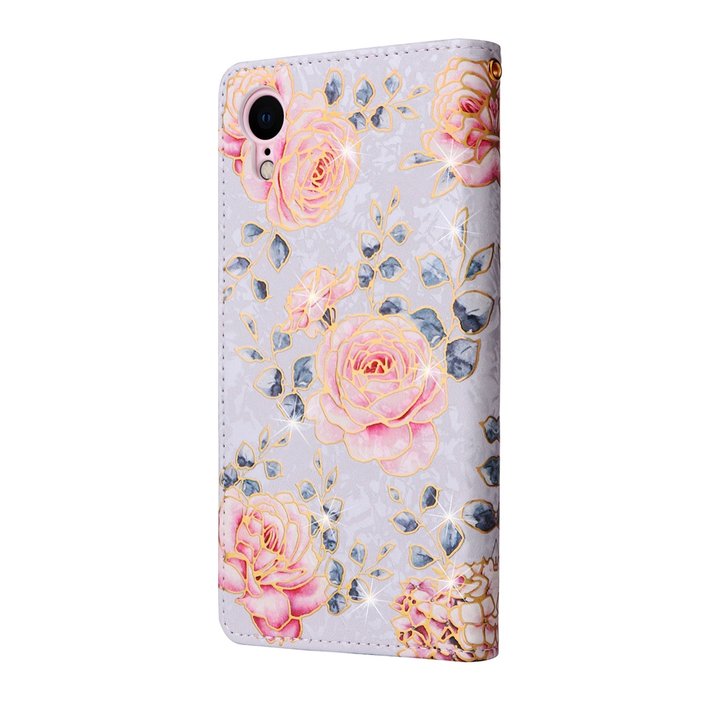 iPhone XR Luxury Bronzing Leather Case - Floral RFID Wallet Cover with Stand & Card Slots