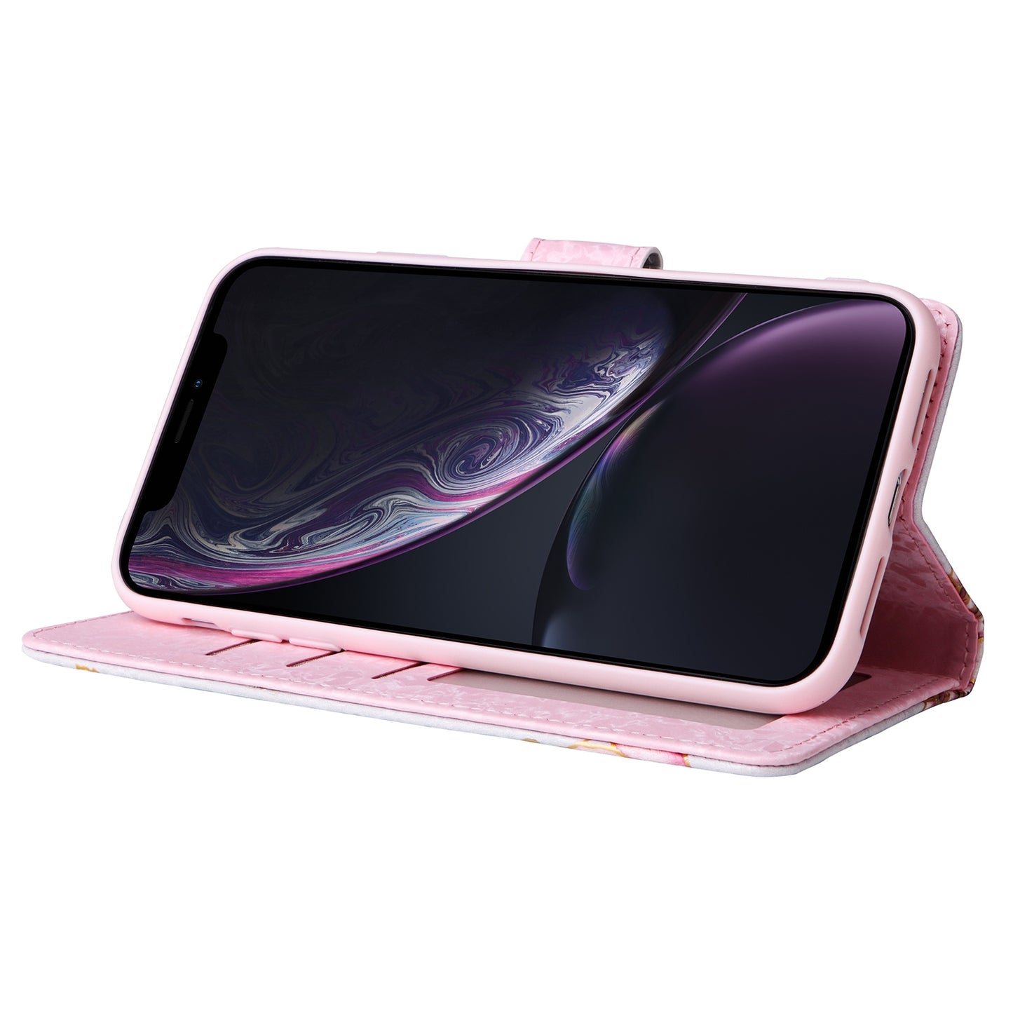 iPhone XR Luxury Bronzing Leather Case - Floral RFID Wallet Cover with Stand & Card Slots