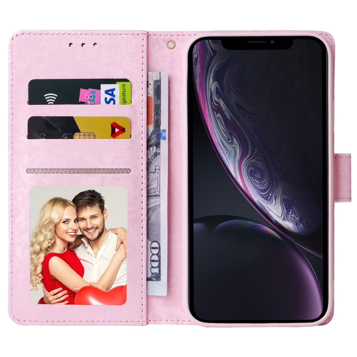 iPhone XR Luxury Bronzing Leather Case - Floral RFID Wallet Cover with Stand & Card Slots