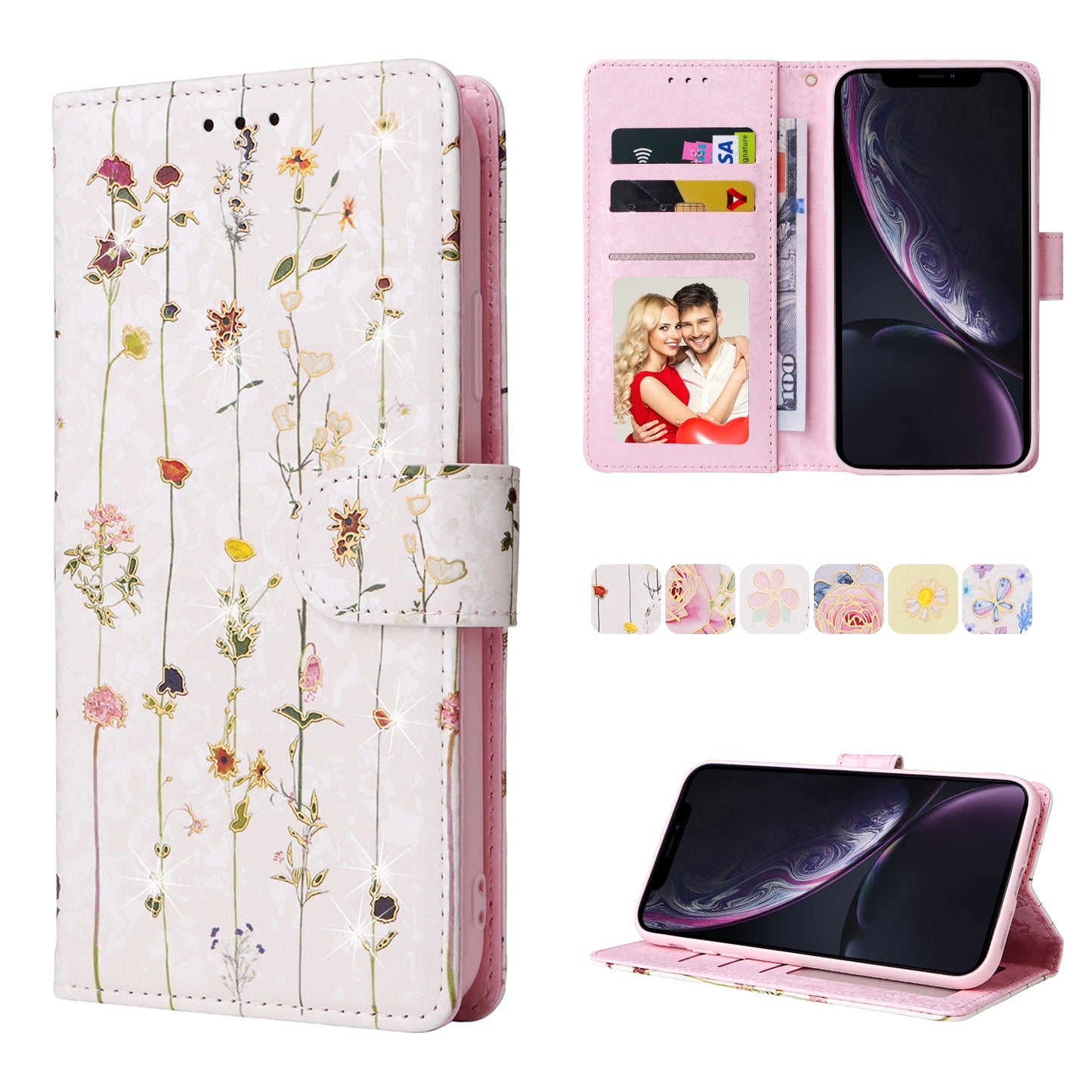 iPhone XR Luxury Bronzing Leather Case - Floral RFID Wallet Cover with Stand & Card Slots