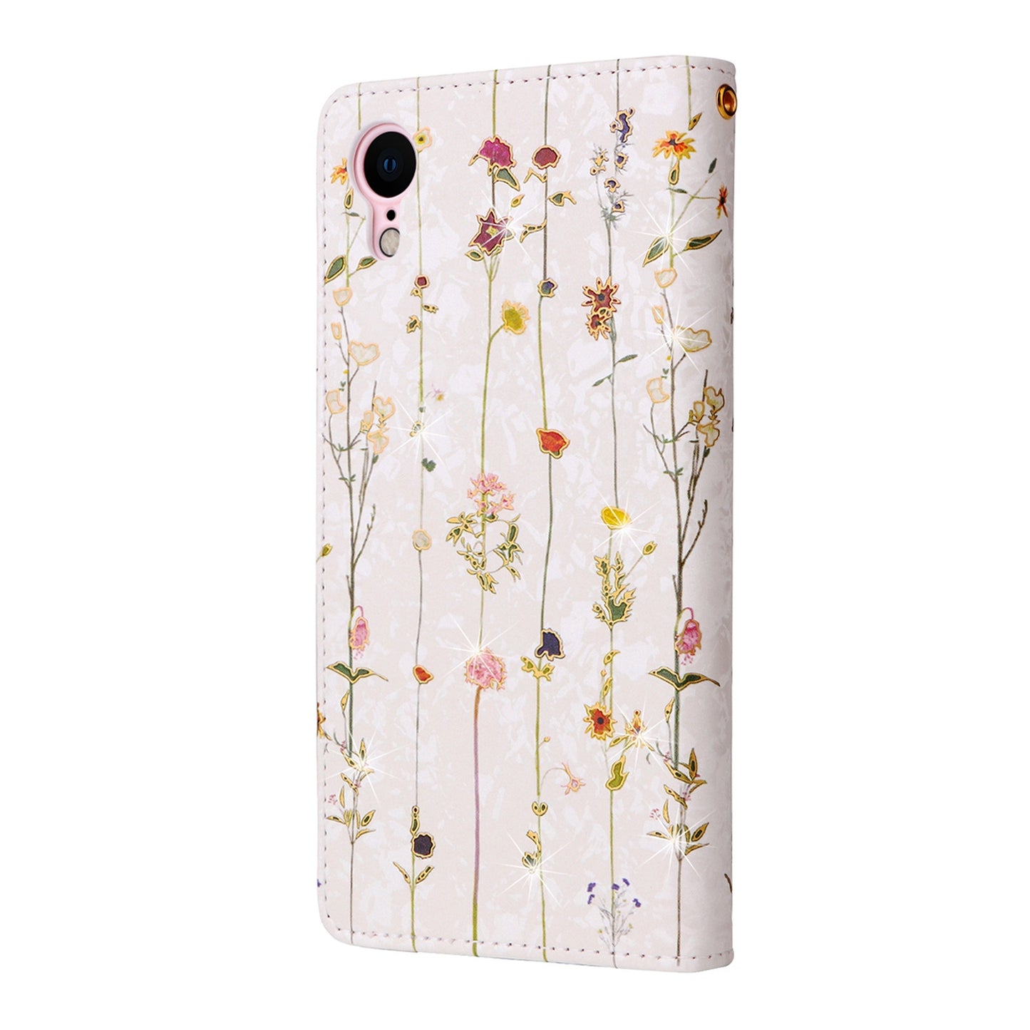 iPhone XR Luxury Bronzing Leather Case - Floral RFID Wallet Cover with Stand & Card Slots