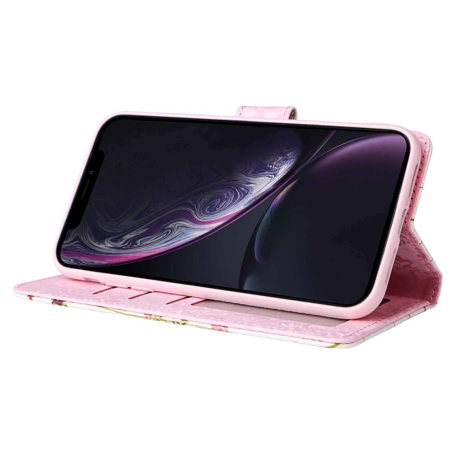 iPhone XR Luxury Bronzing Leather Case - Floral RFID Wallet Cover with Stand & Card Slots