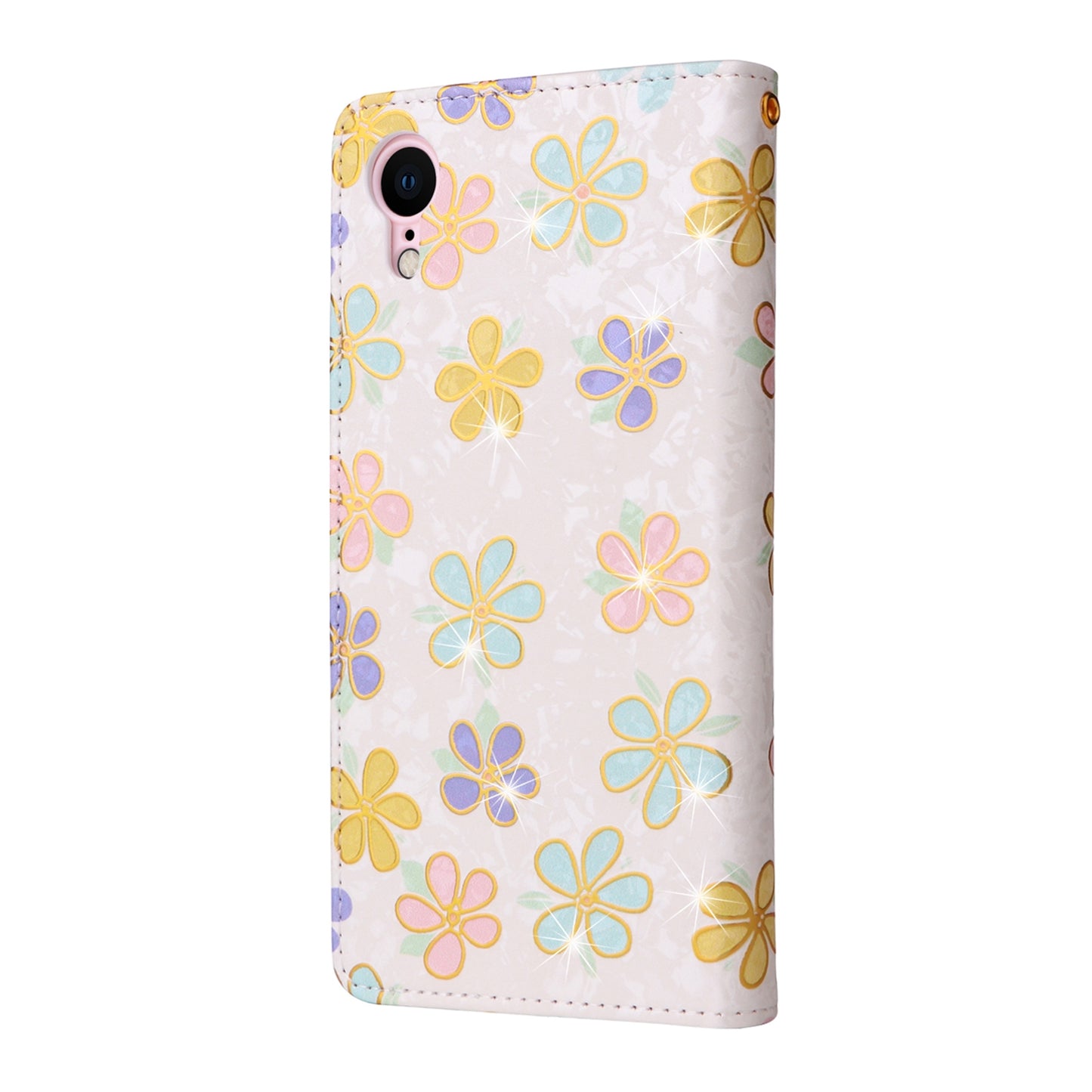 iPhone XR Luxury Bronzing Leather Case - Floral RFID Wallet Cover with Stand & Card Slots